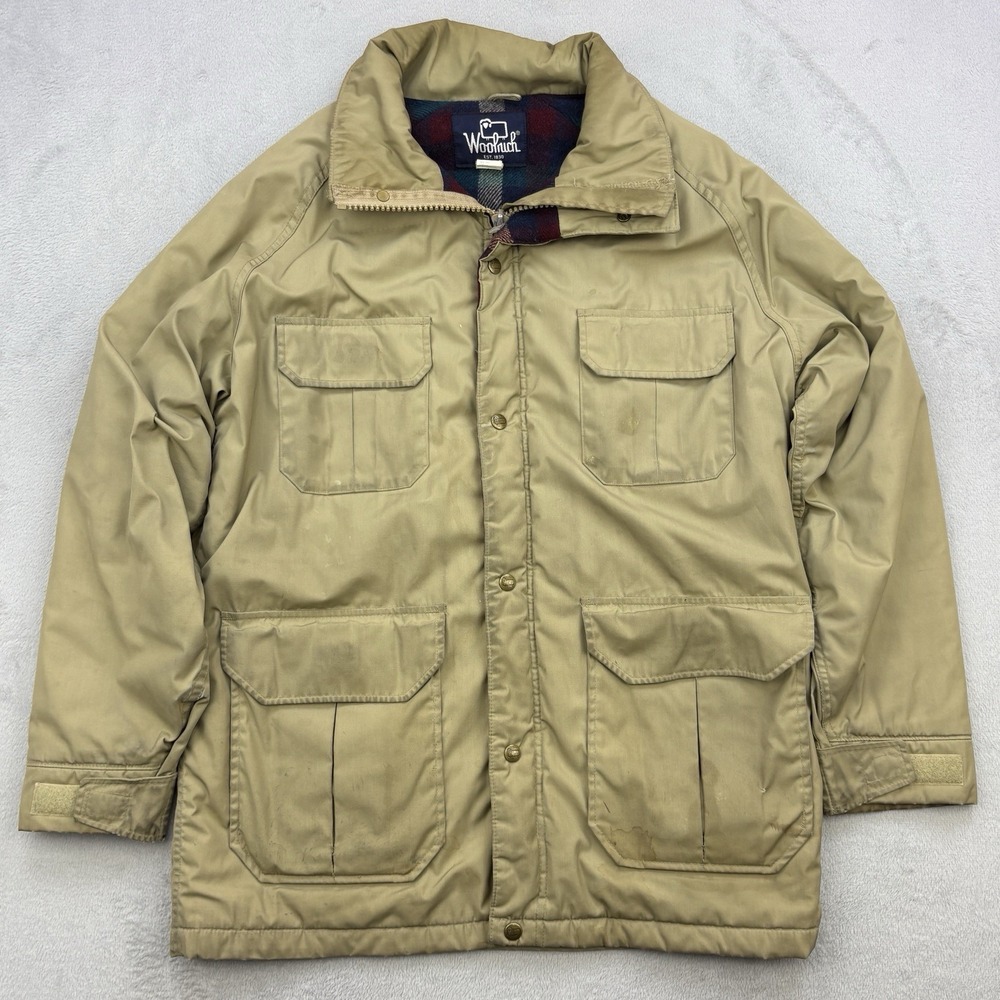 Vintage Woolrich Jacket Mens Medium Beige Chore Barn Wool Lining USA Farm Work